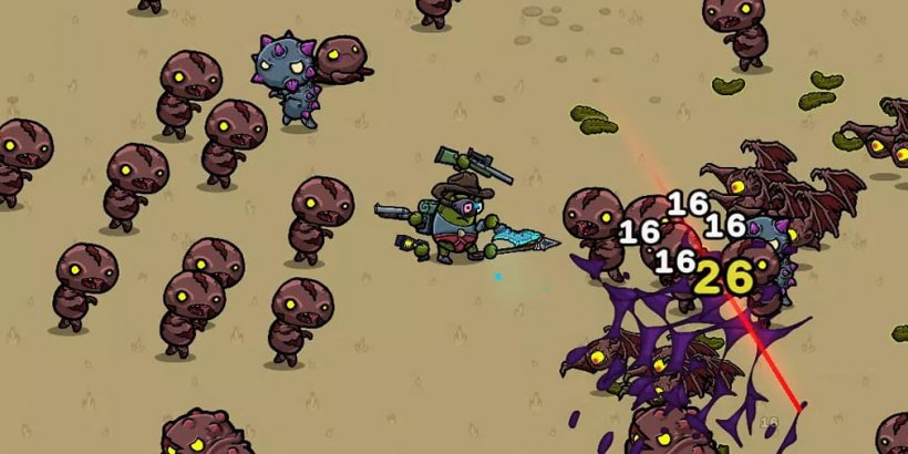 Pickle Pete carrying five different weapons, surrounded by foes