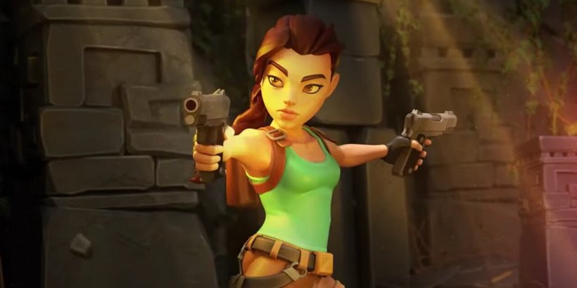 Lara Croft aiming a gun at a camera