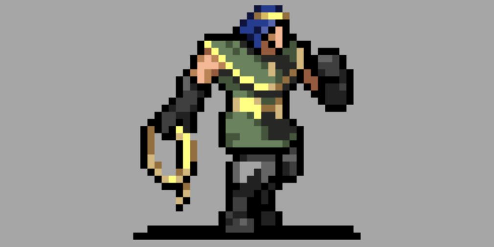 Antonio character pixellated, holding a whip
